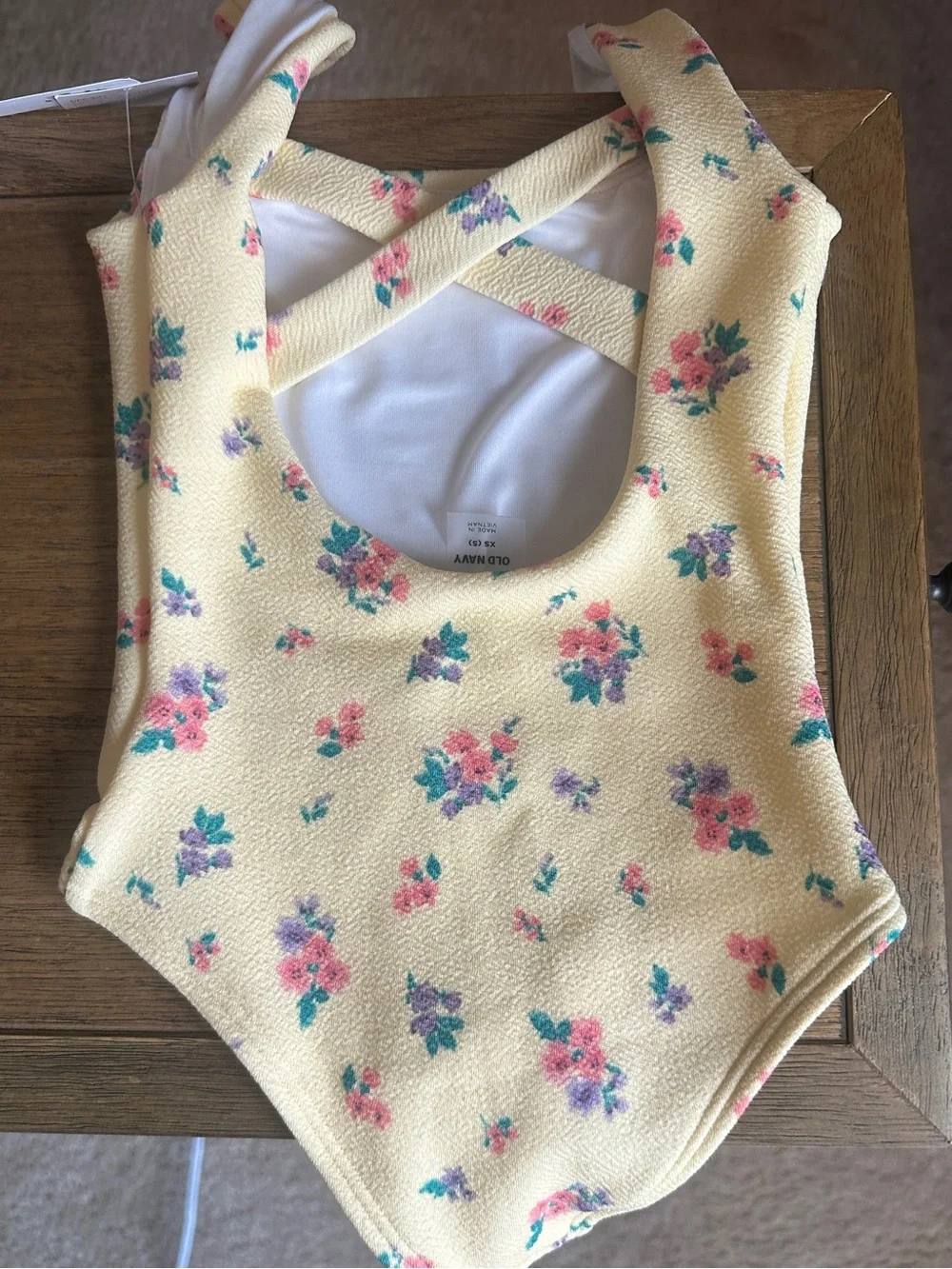 Old Navy Kids Yellow One-Piece Swimsuit with Pink & Purple Floral Print